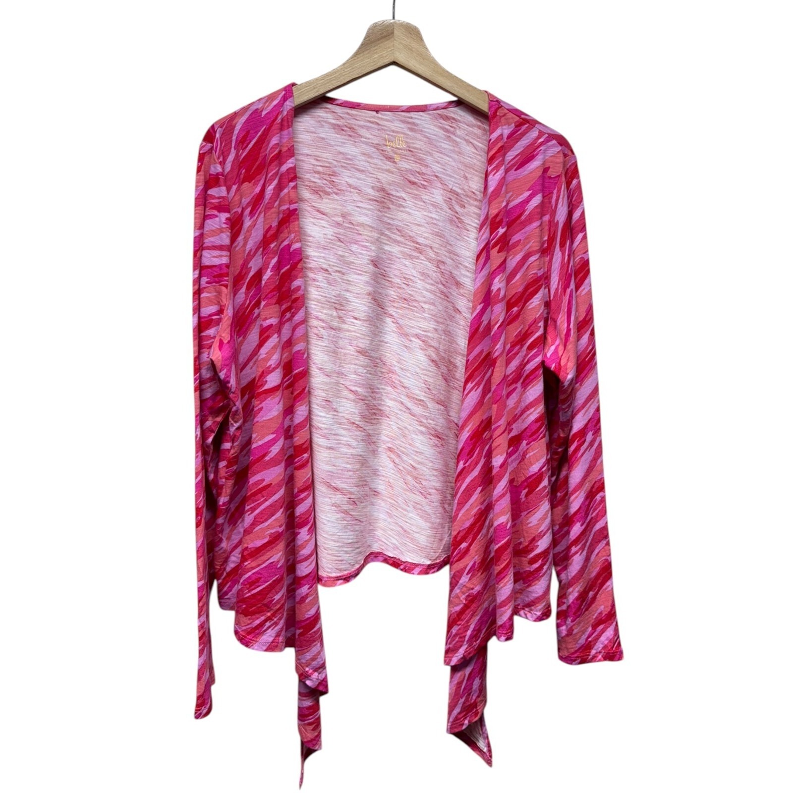 Belle By Kim Gravel Womens Cardigan Sz L Pink Camo Colorful Open Front Waterfall